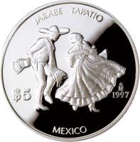 Mexico coin 5 Pesos - Jarabe tapatio (1997 - 1998) reverse reverse of 5 Pesos - Jarabe tapatio (1997 - 1998) coin with KM# 629 from Mexico. Inscription: JARABE TAPATIO $5 Mo 1997 MEXICO
