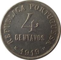 reverse of 4 Centavos (1917 - 1919) coin with KM# 566 from Portugal. Inscription: REPUBLICA PORTUGUESA 4 CENTAVOS 1917