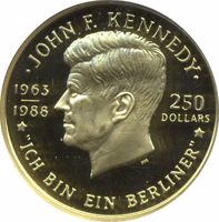 Niue coin 250 Dollars - Elizabeth II - John F. Kennedy (1988) reverse reverse of 250 Dollars - Elizabeth II - John F. Kennedy (1988) coin with KM# 20 from Niue. Inscription: . JOHN F. KENNEDY . 1963 250 1988 DOLLARS