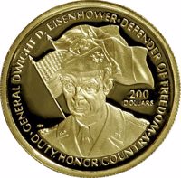 reverse of 200 Dollars - Elizabeth II - Genaral Dwight D Eisenhower (1990) coin with KM# 45 from Niue. Inscription: GENERAL DWIGHT D. EISENHOWER·DEFENDER OF FREEDOM 200 DOLLARS ·DUTY.HONOR.COUNTRY·