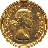 South Africa coin 1 Pound - Elizabeth II - 1'st Portrait (1953 - 1960) obverse obverse of 1 Pound - Elizabeth II - 1'st Portrait (1953 - 1960) coin with KM# 54 from South Africa. Inscription: ELIZABETH II REGINA MG