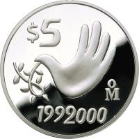 reverse of 5 Pesos - Hand (1999 - 2000) coin with KM# 631 from Mexico. Inscription: $5 Mo 1992000