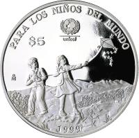 reverse of 5 Pesos - Children and kite UNICEF (1999) coin with KM# 640 from Mexico. Inscription: PARA LOS NIÑOS DEL MUNDO $5 Mo 1999