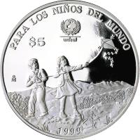 Mexico coin 5 Pesos - Children and kite UNICEF (1999) reverse reverse of 5 Pesos - Children and kite UNICEF (1999) coin with KM# 640 from Mexico. Inscription: PARA LOS NIÑOS DEL MUNDO $5 Mo 1999