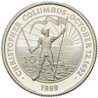 reverse of 10 Dollars - Christopher Columbus discovers America on October 12, 1492 (1989) coin with KM# 128 from Bahamas. Inscription: · CHRISTOPHER COLUMBUS · OCTOBER 12, 1492 · 10 DOLLARS LM 1989