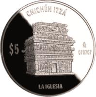 reverse of 5 Pesos / 1 Onza - La Iglesia (2012) coin with KM# 946 from Mexico. Inscription: CHICHÉN ITZÁ $5 Mo 070707 LA IGLESIA