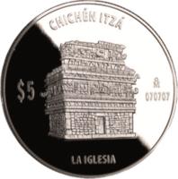 Mexico coin 5 Pesos / 1 Onza - La Iglesia (2012) reverse reverse of 5 Pesos / 1 Onza - La Iglesia (2012) coin with KM# 946 from Mexico. Inscription: CHICHÉN ITZÁ $5 Mo 070707 LA IGLESIA