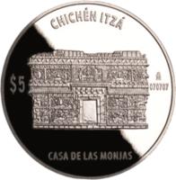 Mexico coin 5 Pesos / 1 Onza - Casa de las monjas (2012) reverse reverse of 5 Pesos / 1 Onza - Casa de las monjas (2012) coin with KM# 945 from Mexico. Inscription: CHICHÉN ITZÁ $5 Mo 070707 CASA DE LAS MONJAS