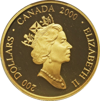 Canada coin 200 Dollars - Elizabeth II - Mother and Child (2000) obverse obverse of 200 Dollars - Elizabeth II - Mother and Child (2000) coin with KM# 403 from Canada. Inscription: 200 DOLLARS • CANADA 2000 • ELIZABETH II