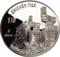 reverse of 10 Pesos / 2 Onzas - Temple of Warriors (2011) coin with KM# 948 from Mexico. Inscription: CHICHÉN ITZÁ $10 Mo 070707 TEMPLO DE LOS GUERREROS