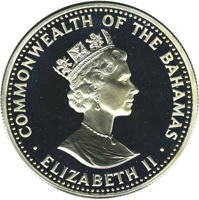 obverse of 25 Dollars - Christopher Columbus discovers the New World (1988) coin with KM# 124 from Bahamas. Inscription: COMMONWEALTH OF THE BAHAMAS RDM · ELIZABETH II ·