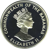 Bahamas coin 25 Dollars - Christopher Columbus discovers the New World (1988) obverse obverse of 25 Dollars - Christopher Columbus discovers the New World (1988) coin with KM# 124 from Bahamas. Inscription: COMMONWEALTH OF THE BAHAMAS RDM · ELIZABETH II ·