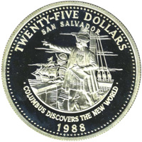 reverse of 25 Dollars - Christopher Columbus discovers the New World (1988) coin with KM# 124 from Bahamas. Inscription: TWENTY-FIVE DOLLARS SAN SALVADOR FG · COLUMBUS DISCOVERS THE NEW WORLD · 1988