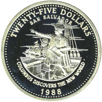 Bahamas coin 25 Dollars - Christopher Columbus discovers the New World (1988) reverse reverse of 25 Dollars - Christopher Columbus discovers the New World (1988) coin with KM# 124 from Bahamas. Inscription: TWENTY-FIVE DOLLARS SAN SALVADOR FG · COLUMBUS DISCOVERS THE NEW WORLD · 1988
