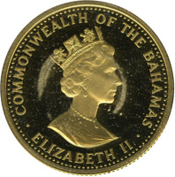 Bahamas coin 250 Dollars - Elizabeth II - Christopher Columbus discovers the New World (1988) obverse obverse of 250 Dollars - Elizabeth II - Christopher Columbus discovers the New World (1988) coin with KM# 126 from Bahamas. Inscription: COMMONWEALTH OF THE BAHAMAS RDM · ELIZABETH II ·