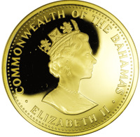 Bahamas coin 2500 Dollars - Elizabeth II - Christopher Columbus discovers the New World (1988) obverse obverse of 2500 Dollars - Elizabeth II - Christopher Columbus discovers the New World (1988) coin with KM# 122 from Bahamas. Inscription: COMMONWEALTH OF THE BAHAMAS RDM · ELIZABETH II ·