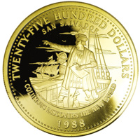 Bahamas coin 2500 Dollars - Elizabeth II - Christopher Columbus discovers the New World (1988) reverse reverse of 2500 Dollars - Elizabeth II - Christopher Columbus discovers the New World (1988) coin with KM# 122 from Bahamas. Inscription: TWENTY-FIVE HUNDRED DOLLARS SAN SALVADOR FG · COLUMBUS DISCOVERS THE NEW WORLD · 1988