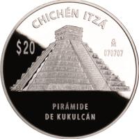 Mexico coin 20 Pesos / 5 Onzas - Pirámide de Kukulcán (2012) reverse reverse of 20 Pesos / 5 Onzas - Pirámide de Kukulcán (2012) coin with KM# 949 from Mexico. Inscription: CHICHÉN ITZÁ $20 Mo 070707 PIRÁMIDE DE KUKULCÁN