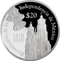 reverse of 20 Pesos - Dolores Parrish Church (2010) coin with KM# 939 from Mexico. Inscription: Bicentenario de la Independencia de México $20 1810 2010 Mo