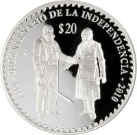 reverse of 20 Pesos - Miguel Hidalgo y Costilla and Jose maria Morelos y Pavon (2010) coin with KM# 940 from Mexico. Inscription: 1810 * BICENTENARIO DE LA INDEPENDENCIA * 2010 $20 Mo