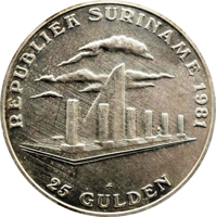 Suriname coin 25 Gulden - 1st Anniversary of Revolution (1981) reverse reverse of 25 Gulden - 1st Anniversary of Revolution (1981) coin with KM# 19 from Suriname. Inscription: REPUBLIEK SURINAME 1981 FM 25 GULDEN