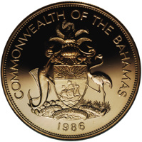 Bahamas coin 250 Dollars - Elizabeth II - 1986 Commonwealth Games (1986) obverse obverse of 250 Dollars - Elizabeth II - 1986 Commonwealth Games (1986) coin with KM# 117 from Bahamas. Inscription: COMMONWEALTH OF THE BAHAMAS FORWARD UPWARD ONWARD TOGETHER 1986