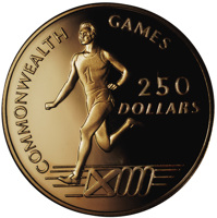 Bahamas coin 250 Dollars - Elizabeth II - 1986 Commonwealth Games (1986) reverse reverse of 250 Dollars - Elizabeth II - 1986 Commonwealth Games (1986) coin with KM# 117 from Bahamas. Inscription: COMMONWEALTH GAMES 250 DOLLARS XIII