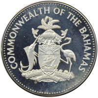 obverse of 25 Dollars - Christopher Columbus (1985) coin with KM# 110 from Bahamas. Inscription: COMMONWEALTH OF THE BAHAMAS FORWARD UPWARD ONWARD TOGETHER CHI