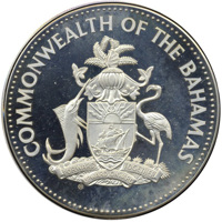 Bahamas coin 25 Dollars - Christopher Columbus (1985) obverse obverse of 25 Dollars - Christopher Columbus (1985) coin with KM# 110 from Bahamas. Inscription: COMMONWEALTH OF THE BAHAMAS FORWARD UPWARD ONWARD TOGETHER CHI