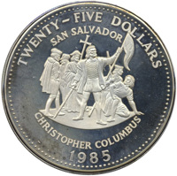 reverse of 25 Dollars - Christopher Columbus (1985) coin with KM# 110 from Bahamas. Inscription: TWENTY-FIVE DOLLARS SAN SALVADOR CHRISTOPHER COLUMBUS 1985