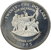 Bahamas coin 25 Dollars - Christopher Columbus (1985) reverse reverse of 25 Dollars - Christopher Columbus (1985) coin with KM# 110 from Bahamas. Inscription: TWENTY-FIVE DOLLARS SAN SALVADOR CHRISTOPHER COLUMBUS 1985