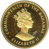 Bahamas coin 250 Dollars - Elizabeth II - Christopher Columbus discovers America on October 12, 1492 (1989) obverse obverse of 250 Dollars - Elizabeth II - Christopher Columbus discovers America on October 12, 1492 (1989) coin with KM# 131 from Bahamas. Inscription: COMMONWEALTH OF THE BAHAMAS RDM · ELIZABETH II ·