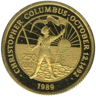 Bahamas coin 250 Dollars - Elizabeth II - Christopher Columbus discovers America on October 12, 1492 (1989) reverse reverse of 250 Dollars - Elizabeth II - Christopher Columbus discovers America on October 12, 1492 (1989) coin with KM# 131 from Bahamas. Inscription: · CHRISTOPHER COLUMBUS · OCTOBER 12, 1492 · 250 DOLLARS LM 1989