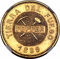 obverse of 5 Gramos (1889) coin with KM# Tn8 from Argentine provinces. Inscription: TIERRA DEL FUEGO POPPER 1889