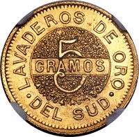 Argentine provinces coin 5 Gramos (1889) reverse reverse of 5 Gramos (1889) coin with KM# Tn8 from Argentine provinces. Inscription: . LAVADEROS DE ORO . DEL SUD 5 GRAMOS