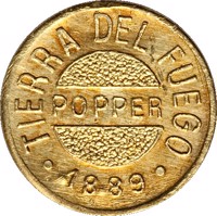 obverse of 1 Gramo (1889) coin with KM# Tn3 from Argentine provinces. Inscription: TIERRA DEL FUEGO POPPER * .1889. *