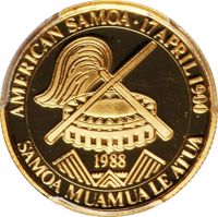 obverse of 50 Dollars - America's Cup (1988) coin with KM# 4 from United States. Inscription: AMERICAN SAMOA·17 APRIL 1900 1988 SAMOA MUAMUA LE ATUA