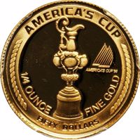 reverse of 50 Dollars - America's Cup (1988) coin with KM# 4 from United States. Inscription: AMERICA'S CUP AMERICA'S CUP 1988 1/4 OUNCE FINE GOLD FIFTY DOLLARS