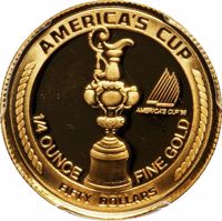 United States coin 50 Dollars - America's Cup (1988) reverse reverse of 50 Dollars - America's Cup (1988) coin with KM# 4 from United States. Inscription: AMERICA'S CUP AMERICA'S CUP 1988 1/4 OUNCE FINE GOLD FIFTY DOLLARS