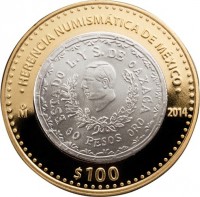 reverse of 100 Pesos - Oaxaca revolutionary coin 1916 (2014) coin with KM# 982 from Mexico. Inscription: HERENCIA NUMISMÁTICA DE México Mo 2014 $100