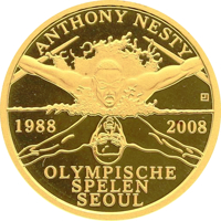 Suriname coin 20 Dollar - 20th Anniversary of Gold Medal by Antony Nesty at Seoul Olympics, 1988 (2008) reverse reverse of 20 Dollar - 20th Anniversary of Gold Medal by Antony Nesty at Seoul Olympics, 1988 (2008) coin with KM# 65 from Suriname. Inscription: ANTHONY NESTY 1988 2008 OLYMPISCHE SPELEN SEOUL