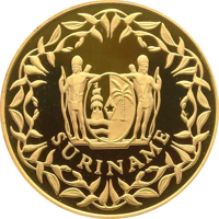 Suriname coin 500 Guilders - 35th Anniversary of Central Bank of Suriname (1992) obverse obverse of 500 Guilders - 35th Anniversary of Central Bank of Suriname (1992) coin with KM# 39 from Suriname. Inscription: SURINAME