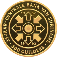 Suriname coin 500 Guilders - 35th Anniversary of Central Bank of Suriname (1992) reverse reverse of 500 Guilders - 35th Anniversary of Central Bank of Suriname (1992) coin with KM# 39 from Suriname. Inscription: 35 JAAR CENTRALE BANK VAN SURINAME 19 57 19 92 ・500 GUILDERS・