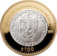 reverse of 100 Pesos - Oaxaca royalist coin 1812 (2014) coin with KM# 983 from Mexico. Inscription: HERENCIA NUMISMÁTICA DE México Mo 2014 $100