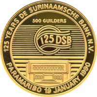 Suriname coin 500 Guilders - 125th Anniversary De Surinaamsche Bank (1990) reverse reverse of 500 Guilders - 125th Anniversary De Surinaamsche Bank (1990) coin with KM# 31 from Suriname. Inscription: 125 YEARS DE SURINAAMSCHE BANK N.V. 500 GUILDERS 125 DSB PARAMARIBO 19 JANUARY 1990
