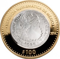 reverse of 100 Pesos - 1806 British Guiana counterstamped coin (2014) coin with KM# 980 from Mexico. Inscription: HERENCIA NUMISMÁTICA DE México Mo 2014 $100
