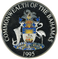 obverse of 10 Dollars - Bahama Parrot (1995) coin with KM# 167 from Bahamas. Inscription: COMMONWEALTH OF THE BAHAMAS FORWARD UPWARD ONWARD TOGETHER 1995