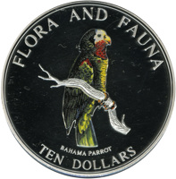 reverse of 10 Dollars - Bahama Parrot (1995) coin with KM# 167 from Bahamas. Inscription: FLORA AND FAUNA BAHAMA PARROT TEN DOLLARS