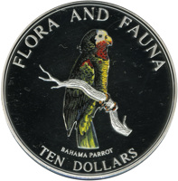 Bahamas coin 10 Dollars - Bahama Parrot (1995) reverse reverse of 10 Dollars - Bahama Parrot (1995) coin with KM# 167 from Bahamas. Inscription: FLORA AND FAUNA BAHAMA PARROT TEN DOLLARS