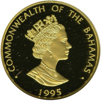 obverse of 10 Dollars - Bahama Parrot (1995) coin with KM# 168 from Bahamas. Inscription: · COMMONWEALTH OF THE BAHAMAS · RDM 1995